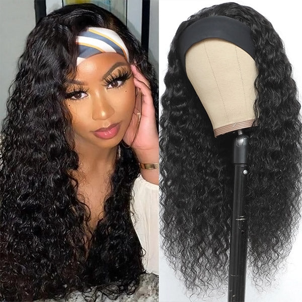 Water Wave Human Hair Headband Wigs with Bangs Half Wigs with Headbands