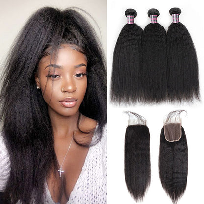 Ishow Brazilian Yaki Straight Hair 3 Bundles With 4*4 Lace Closure Virgin Human Hair