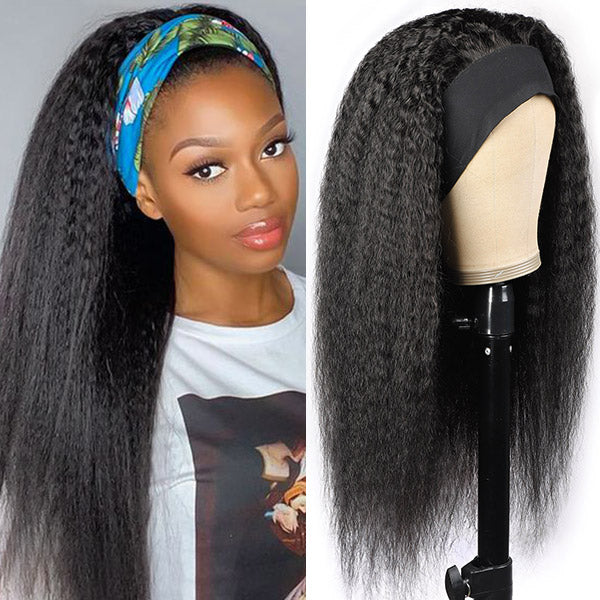 Yaki Straight Human Hair Half Wig with Headband Kinky Straight Hair Headband Wigs