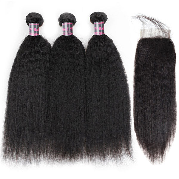 Ishow Brazilian Yaki Straight Hair 3 Bundles With 4*4 Lace Closure Virgin Human Hair